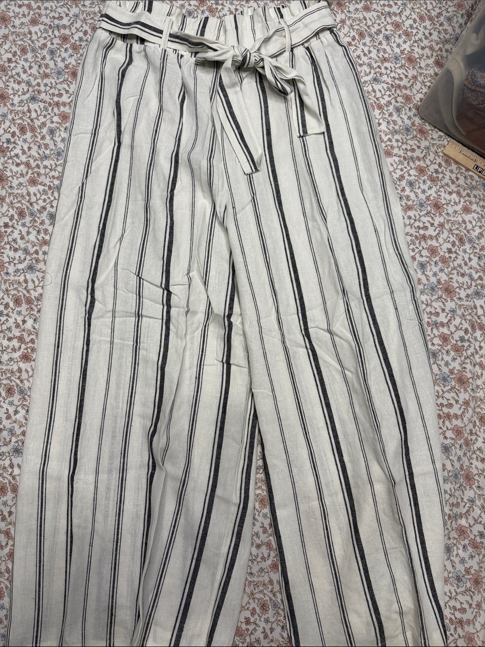 Ambiance Cream and Black Vertical-Strip Wide Leg Pants